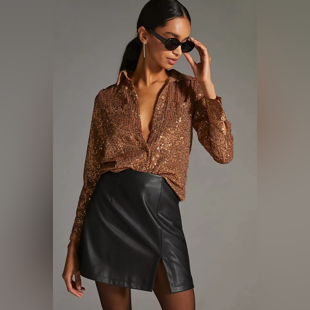 By Anthropologie SEQUIN BUTTON DOWN IN BRONZE NEW